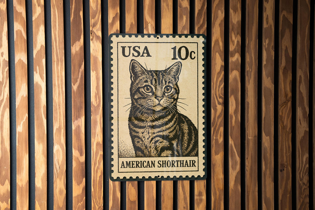 A US 10c postage stamp featuring an illustration of an American Shorthair cat.