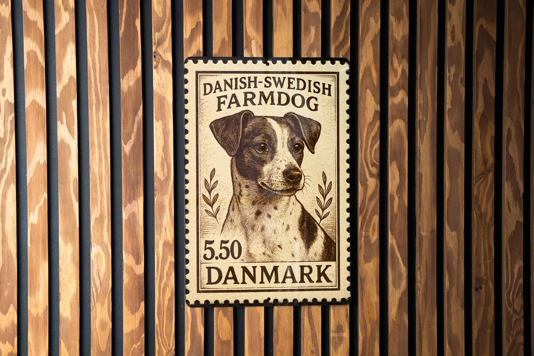 A wooden wall with a Danish-Swedish Farmdog stamp featuring a dog's portrait.