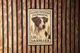 A wooden wall with a Danish-Swedish Farmdog stamp featuring a dog's portrait.