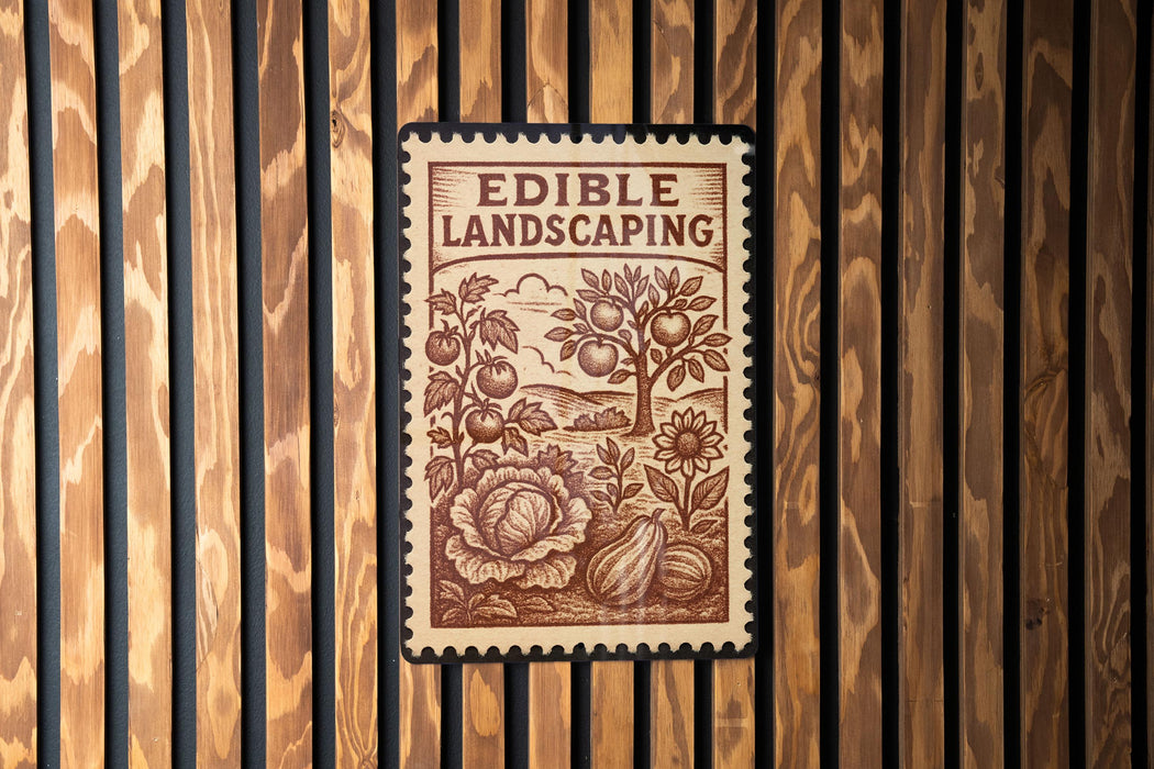 a stamp-like sign with the text "EDIBLE LANDSCAPING" and an illustration of a garden scene with various vegetables and plants.