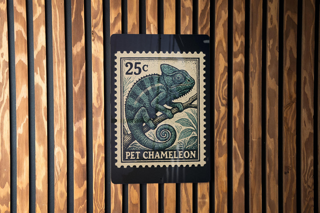 A 25c postage stamp featuring a chameleon is displayed on a wooden wall.