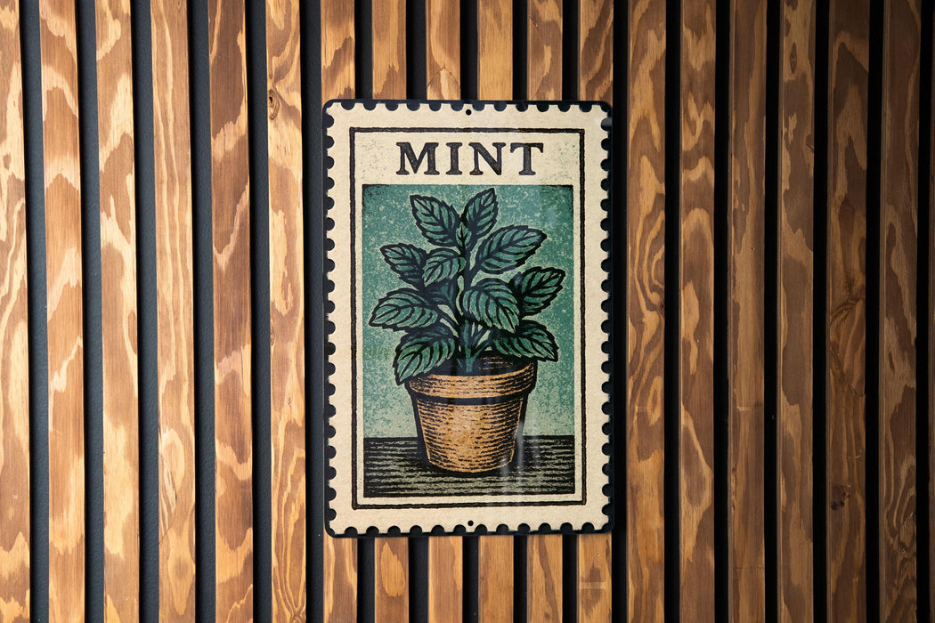 A framed illustration of a mint plant in a pot is displayed on a wooden wall.