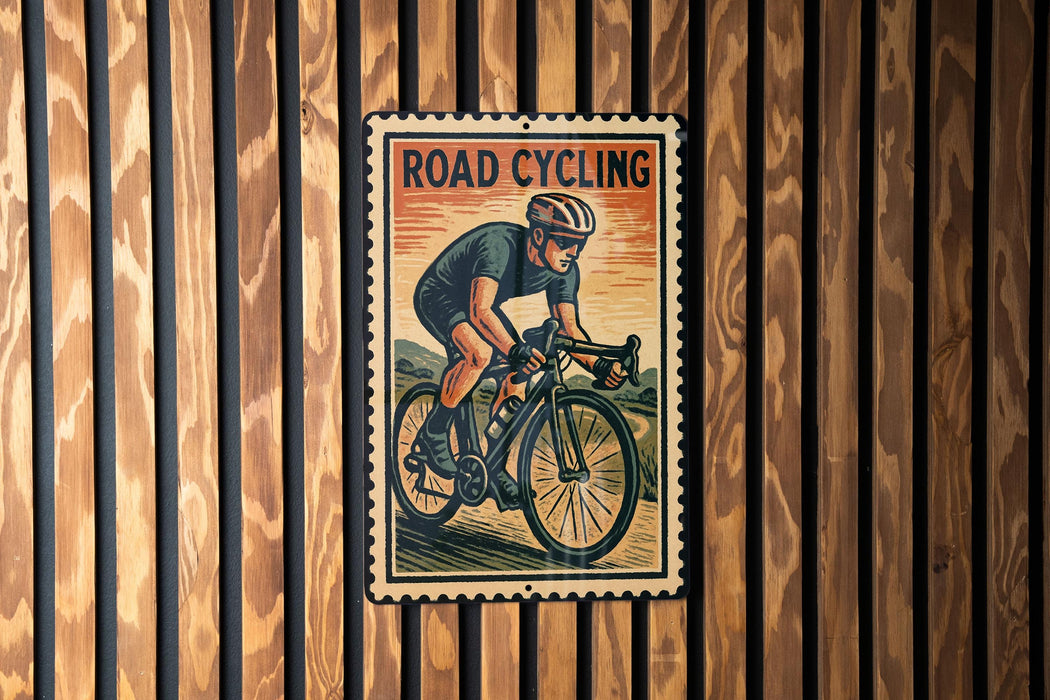 A vintage-style road cycling poster is displayed on a wooden wall, featuring a cyclist in action.