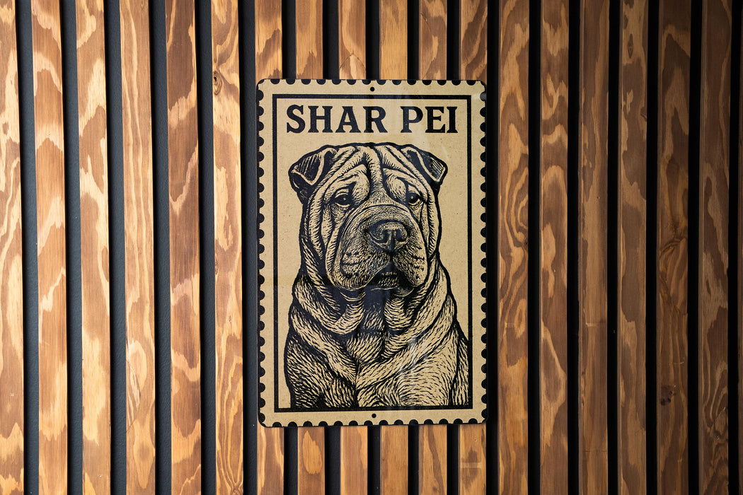 A metal sign with a stamp-like design featuring a dog's face is mounted on a wooden wall.