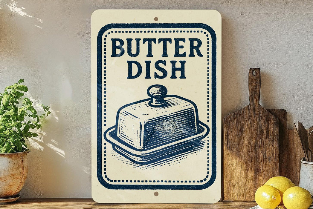 A vintage-style sign that reads "Butter Dish" is displayed on a wooden shelf, accompanied by a wooden cutting board and a potted plant.