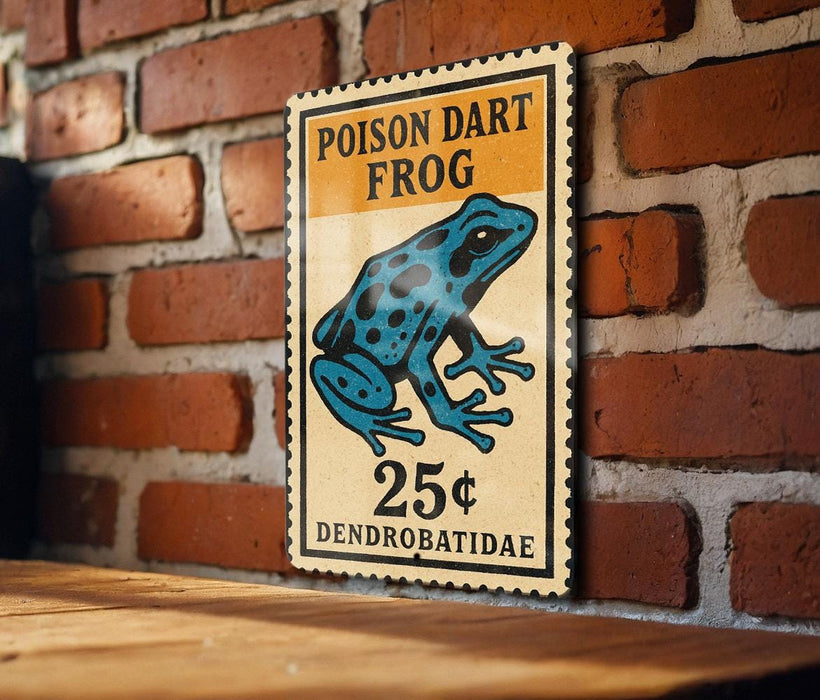 A vintage-style sign advertising a poison dart frog for 25 cents, mounted on a brick wall.