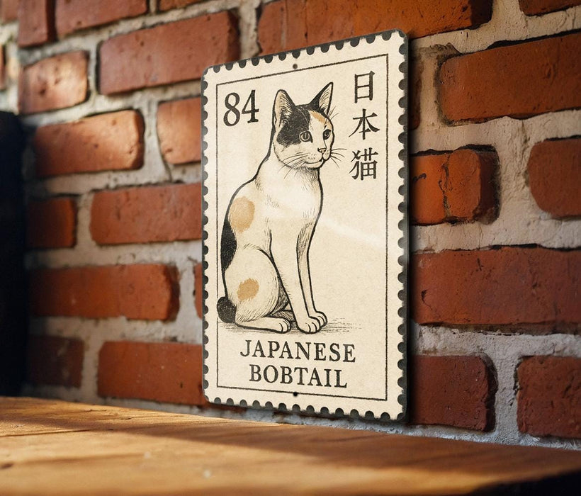 A Japanese bobtail cat illustration on a wooden surface, mounted on a brick wall.