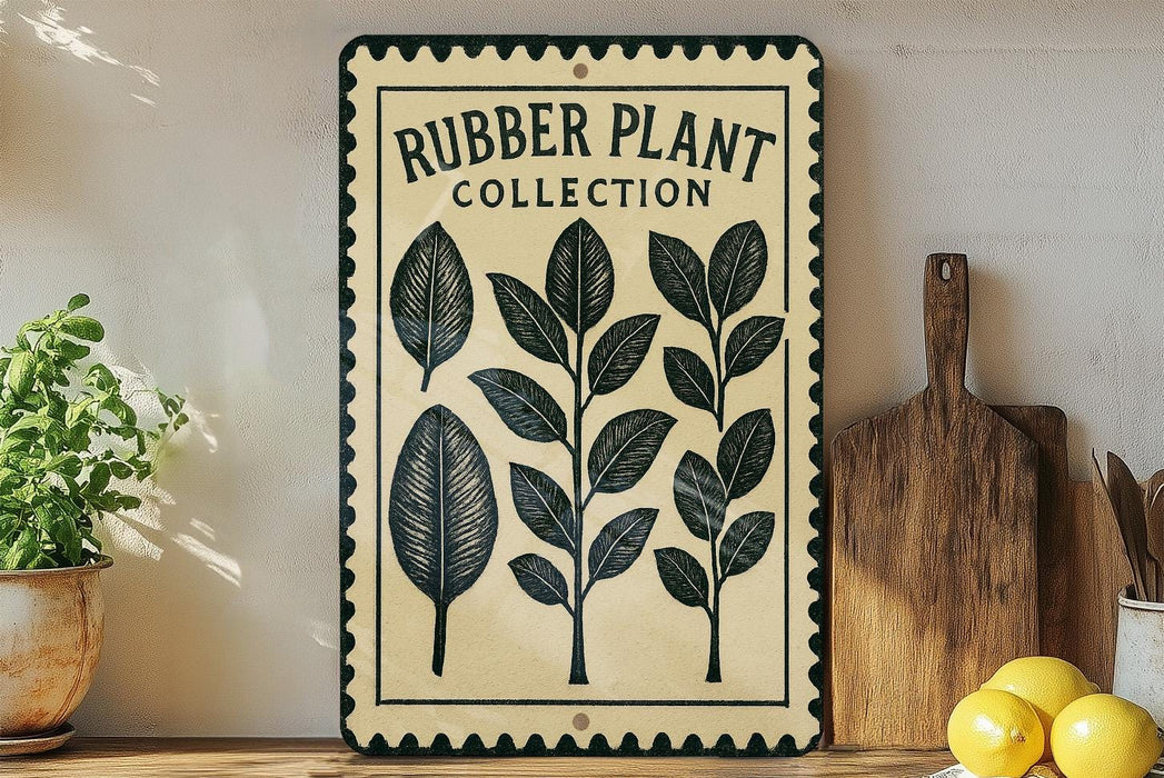 a wooden shelf with a sign that reads "Rubber Plant Collection" and a potted plant to the left. There are also some wooden cutting boards and a bowl of lemons on the shelf.