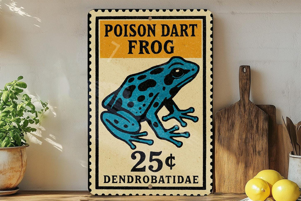 A vintage-style sign advertising a poisonous dart frog for 25 cents, with a blue and black illustration of the frog. The sign is displayed on a wooden surface, with a potted plant and a wooden cutting board visible in the background.