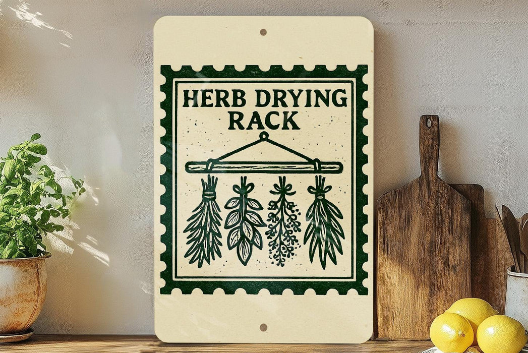 A wooden herb drying rack with dried herbs hanging from it, along with a wooden cutting board and some lemons on a countertop.
