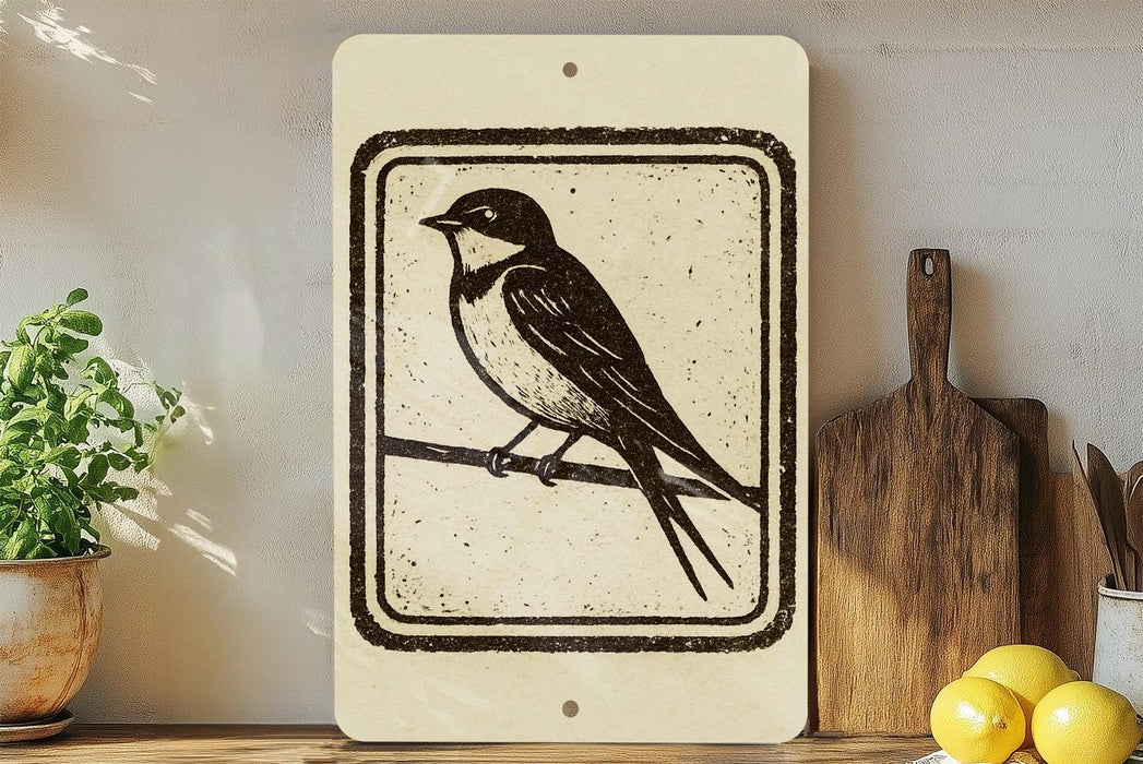 a wooden cutting board, a potted plant, and a sign depicting a bird perched on a branch.