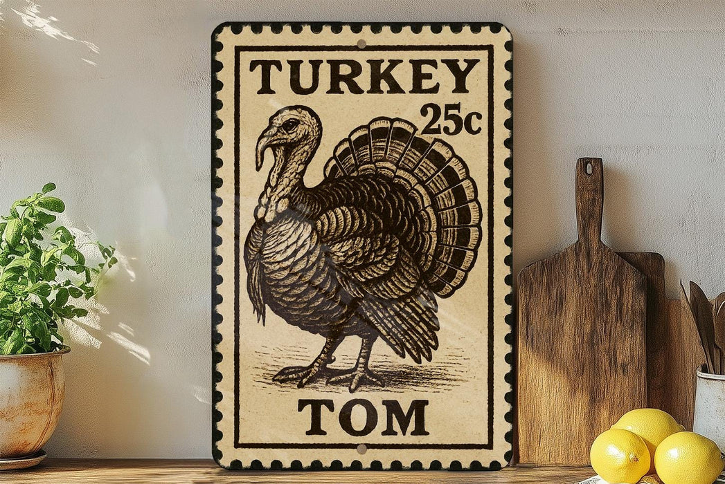 A vintage-style turkey stamp with the text "TURKEY 25c TOM" is displayed on a shelf, accompanied by a wooden cutting board and a potted plant.