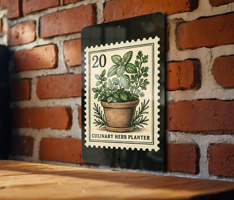 A metal sign with a stamp-like design hangs on a brick wall, featuring a potted plant illustration and the text "CULINARY HERB PLANTER".