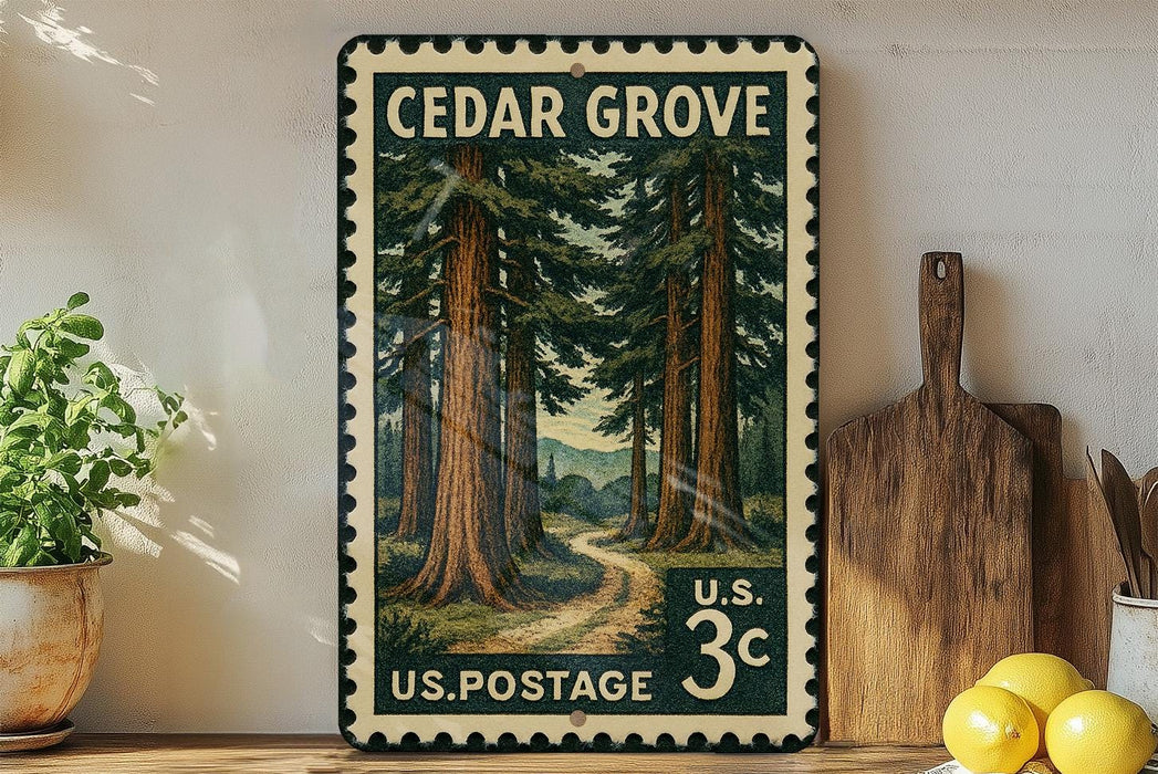 A vintage-style postage stamp depicting a forest scene, with the text "Cedar Grove" and "U.S. Postage 3c" printed on it. The stamp is displayed on a shelf next to a wooden cutting board and a potted plant.