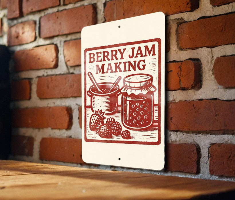 A sign on a brick wall that says "Berry Jam Making" with illustrations of a jar of jam and strawberries.