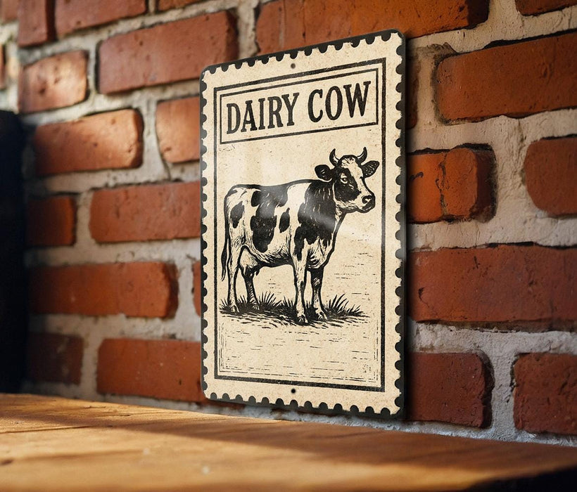a sign with a cow illustration on it, mounted on a brick wall.