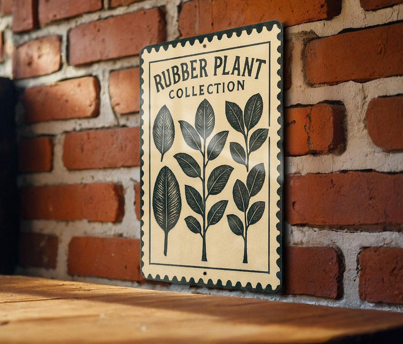 A sign for a rubber plant collection is displayed on a brick wall.