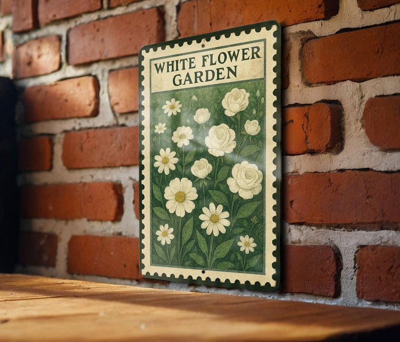 A vintage-style sign for a "White Flower Garden" is displayed on a brick wall, featuring a floral illustration of white flowers and green leaves.