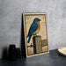 a wooden fence with a blue and orange bird perched on it, set against a gray background.