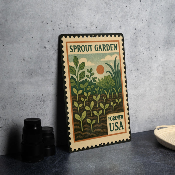 A metal stamp with a garden scene and the text "SPROUT GARDEN FOREVER USA" on it, placed on a table next to some black camera lenses.
