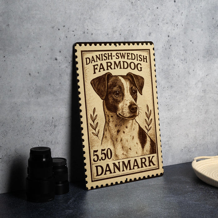 A wooden sign with a dog illustration and text, placed on a gray surface next to some black camera lenses.