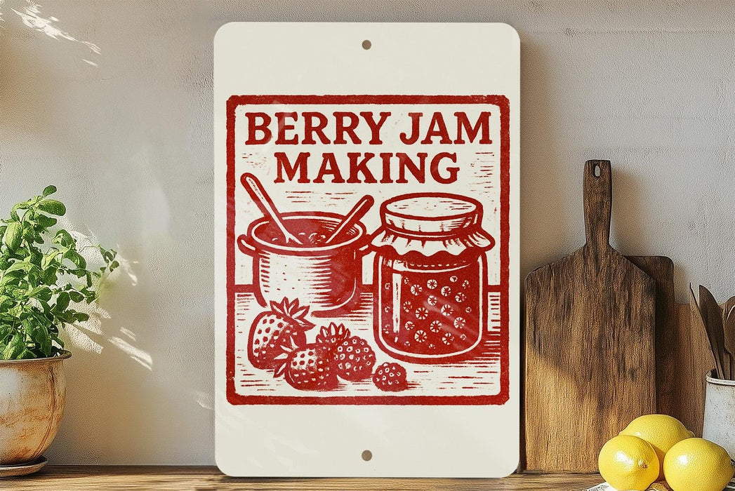 A white sign with a red and black illustration of a jar of jam and a pot of strawberries, along with the text "BERRY JAM MAKING" on a wooden shelf.