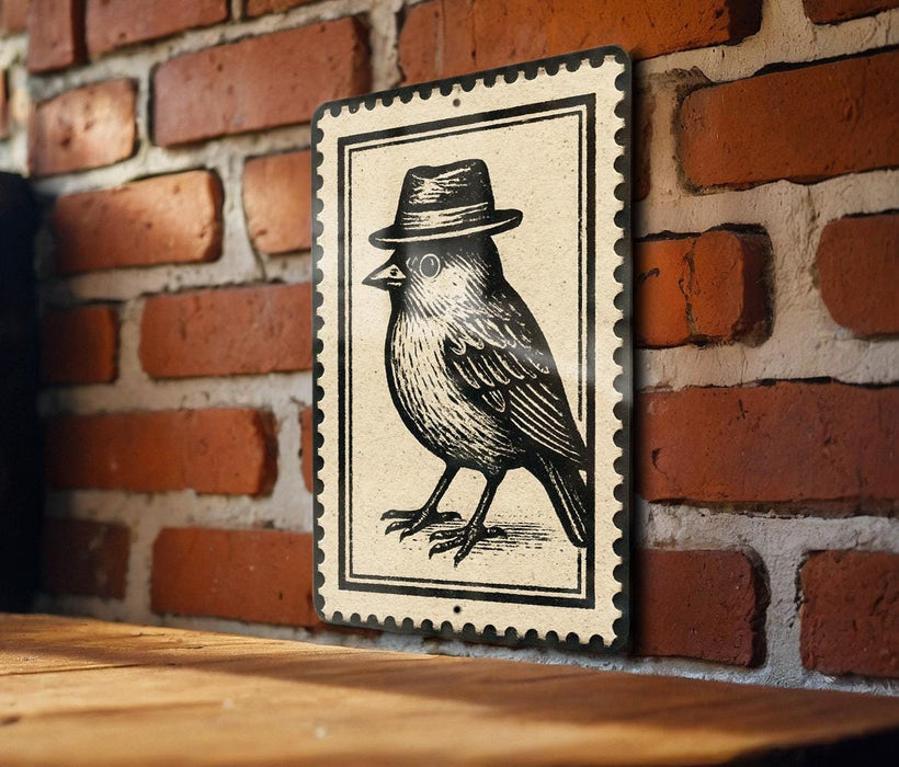 A black and white illustration of a bird wearing a hat is displayed on a brick wall.