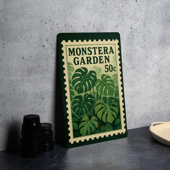 A framed poster of a plant with a green border and a stamp-like design, placed on a table next to some black camera lenses.