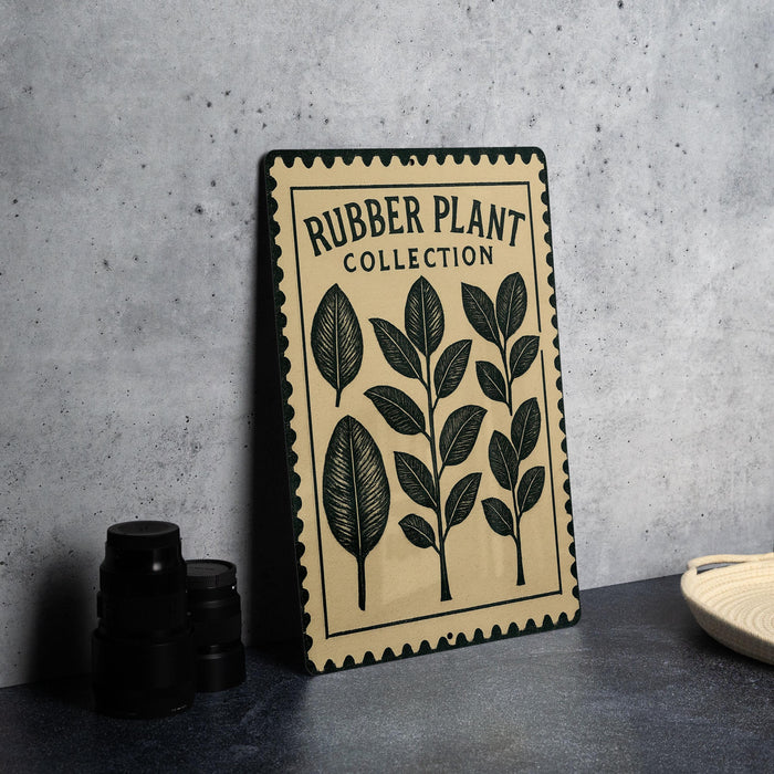 a rubber plant collection sign with a beige background and black text, placed on a countertop next to some black camera lenses.