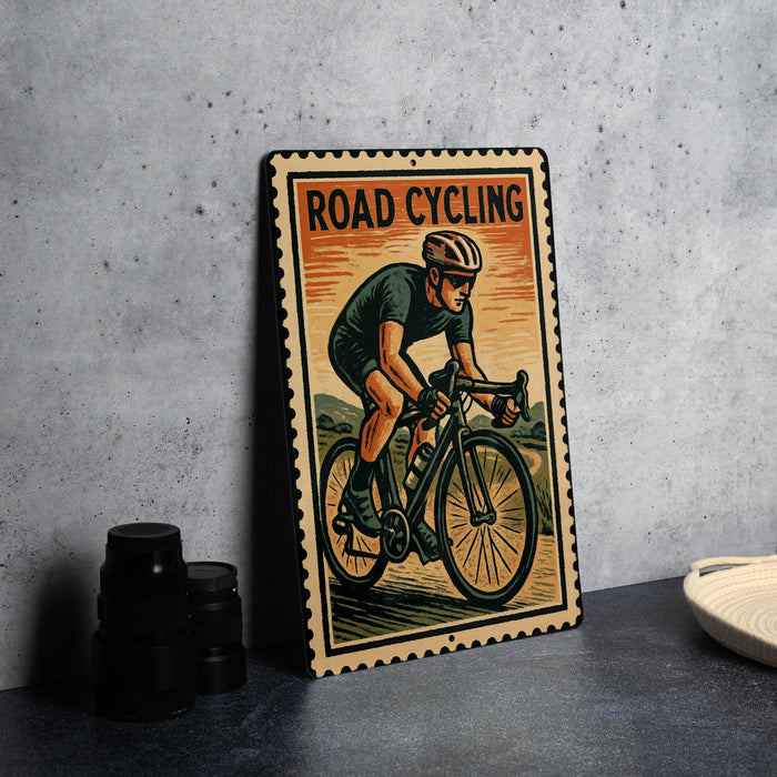 A vintage road cycling poster featuring a cyclist in action, with the text "ROAD CYCLING" prominently displayed.