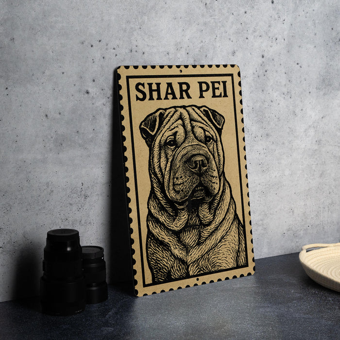 A framed image of a Shar Pei dog, a breed of dog known for its distinctive wrinkled face and muscular build, is displayed on a wall.