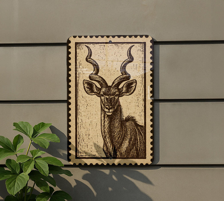 a large, detailed illustration of a horned animal, possibly a deer or a gazelle, mounted on a wall.
