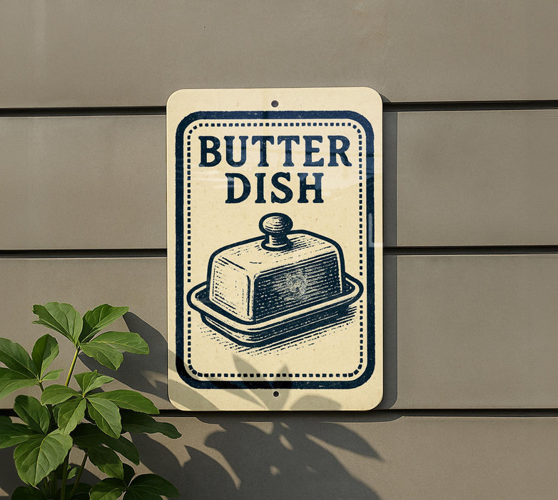 A sign that reads "BUTTER DISH" with an illustration of a butter dish on it, mounted on a wall.