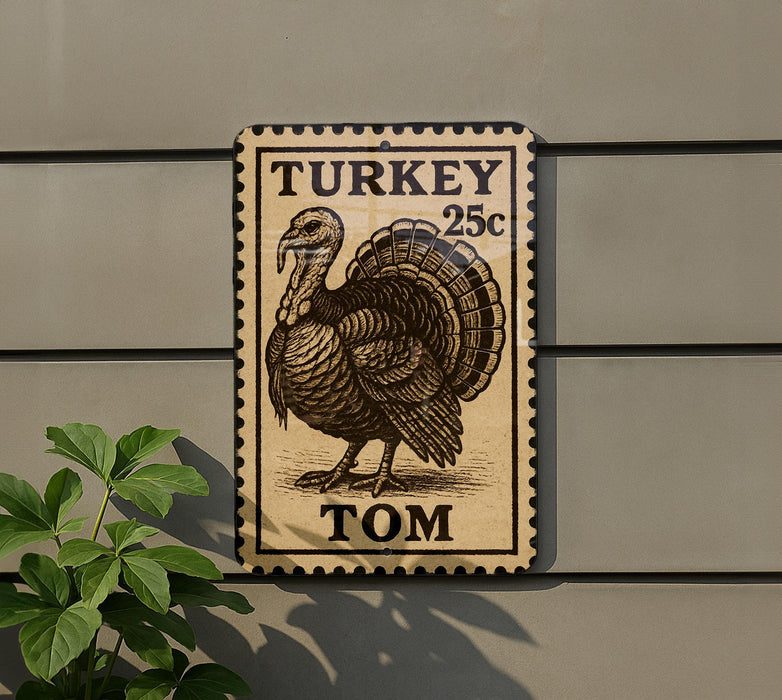 A wooden sign with a turkey stamp design, mounted on a wall.