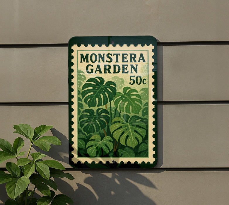 A sign for the Monstera Garden, featuring a large image of a monstera plant with a postage stamp-like border.