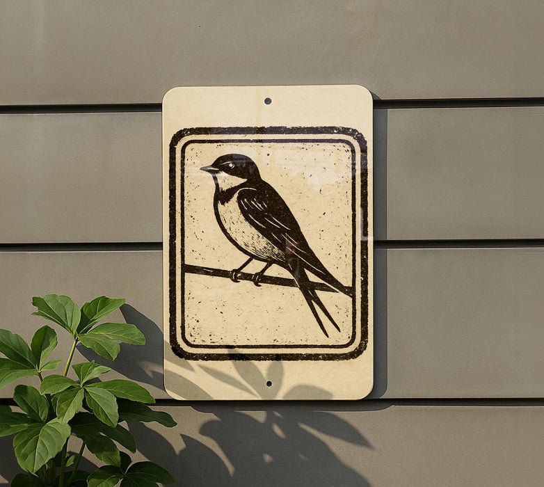 a sign depicting a bird perched on a branch.