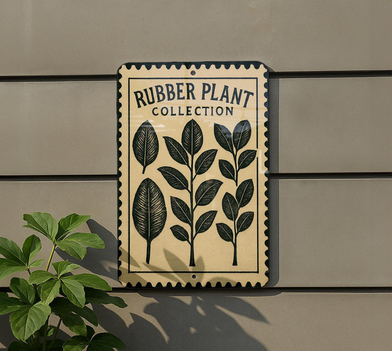 a sign for a rubber plant collection, with a plant growing next to it.