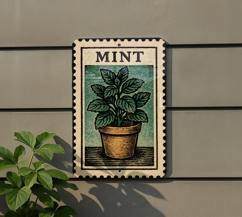 A framed illustration of a potted mint plant is displayed on a wall, with a plant leaf visible to the left.