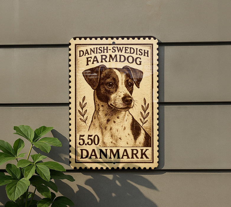 A wooden sign with a picture of a dog, mounted on a wall, with text indicating it is a Danish-Swedish Farmdog.