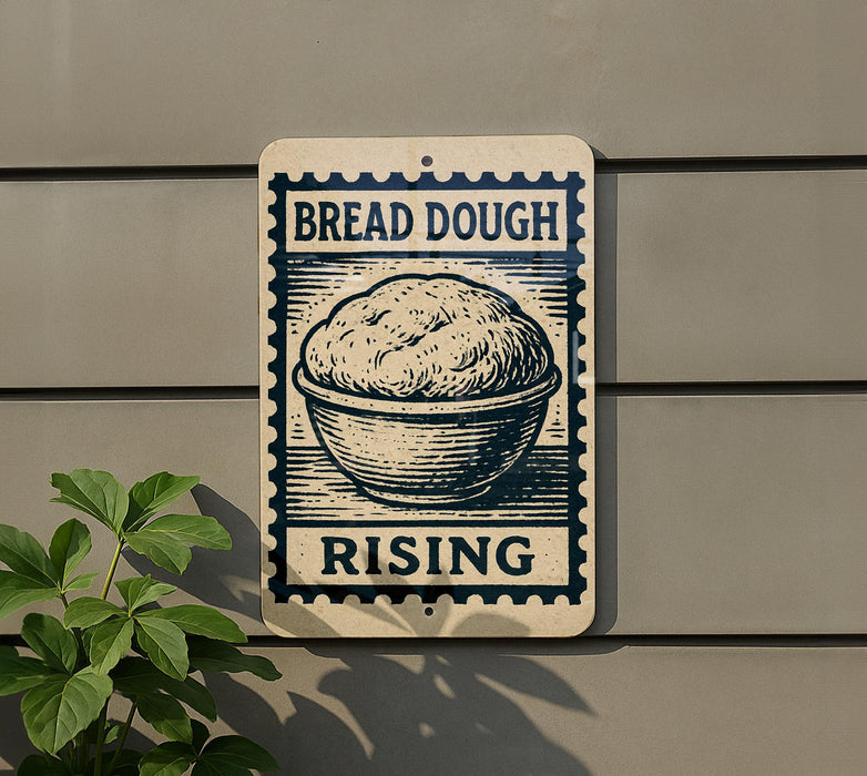 A sign on a wall that says "BREAD DOUGH RISING".