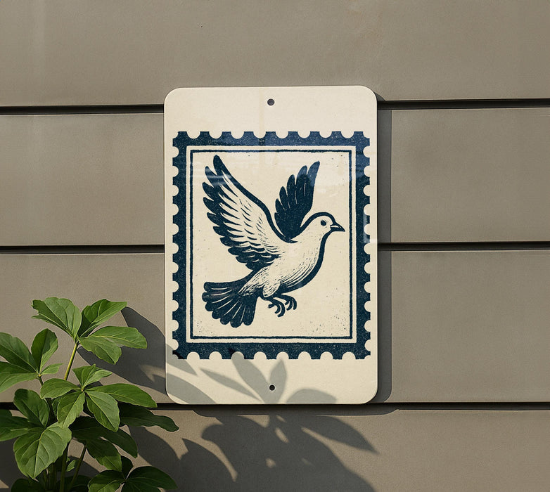 a white sign with a blue border, depicting a bird in flight, mounted on a wall.