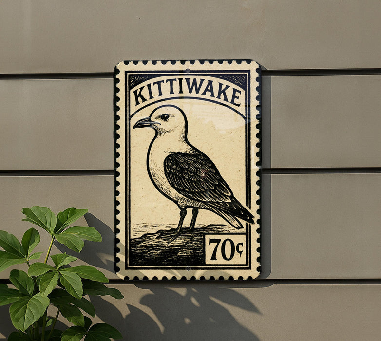 A postage stamp featuring a bird, likely a Kittiwake, is mounted on a wall.