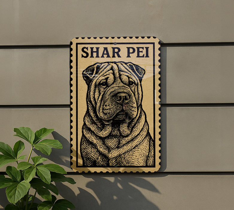 a sign with a dog illustration on it, mounted on a wall.