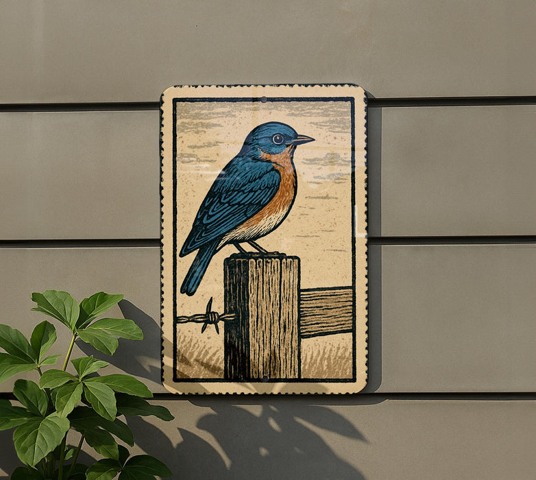 A framed illustration of a bluebird perched on a wooden post, with a plant in the foreground.