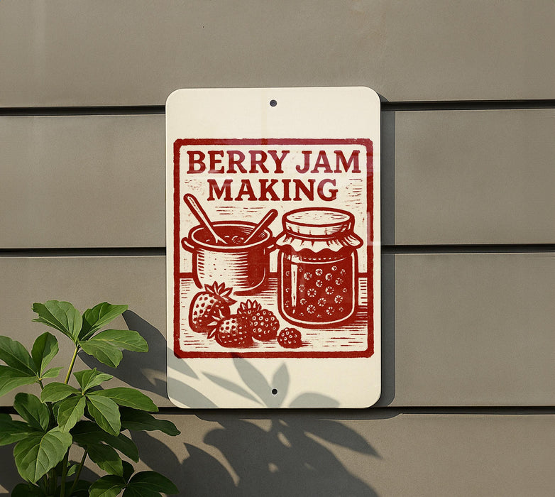 A sign on a wall that says "Berry Jam Making" with illustrations of a pot and a jar of jam.