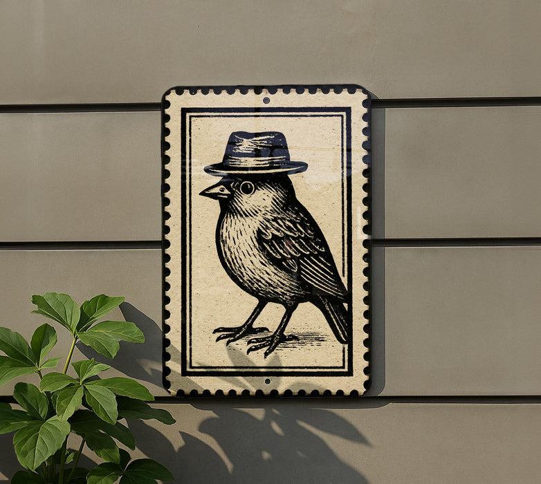 A decorative sign featuring a bird wearing a hat, mounted on a wall next to a plant.