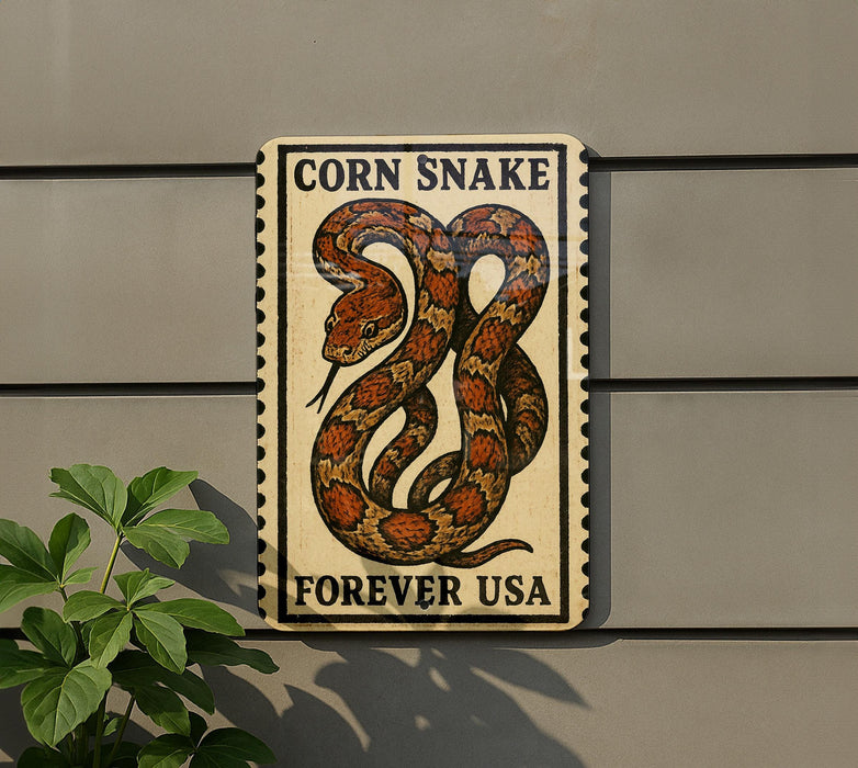 a sign with a large, colorful snake on it, mounted on a wall.