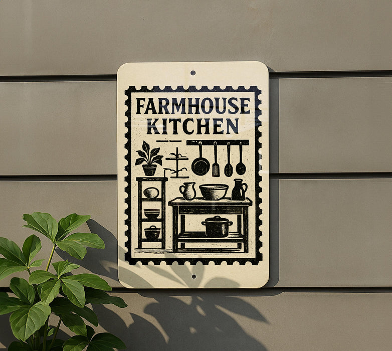 a sign for a "Farmhouse Kitchen" mounted on a wall, with various kitchen-related icons and illustrations on the sign.