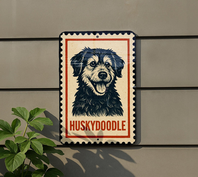 A sign featuring a black and white illustration of a husky dog with the word "Huskydoodle" written below it.
