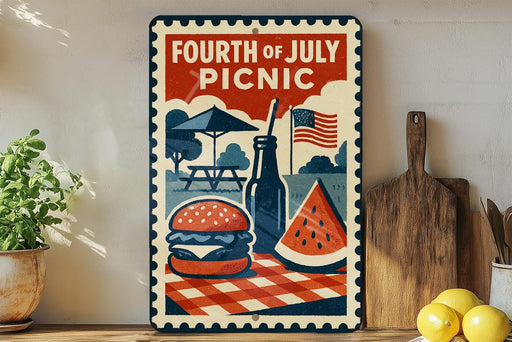 A vintage-style metal sign with a picnic scene, featuring a hamburger, watermelon slice, and a picnic table, along with an American flag and a wooden cutting board.
